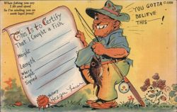 Funny Fisherman with Certificate and Fish Postcard