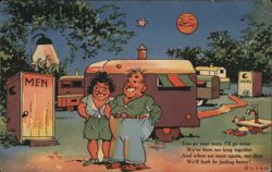 Cartoon Couple by Trailer, Outhouses, "You go your way..." Postcard