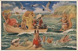 Anthropomorphic Animals Waterskiing Postcard