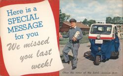 Mailman with Three-Wheeled Mail Delivery Truck Postcard