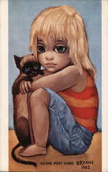 Big Eyed Girl with Siamese Cat Postcard