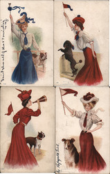 Set of Four College Girls with Dogs and Flags Postcard