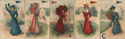 Set of 5 College Girls with Pennants and Parasols Postcard