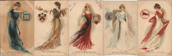 Set of 5 University Yell College Girls - Yale, Princeton, Upenn, Columbia, Chicago Postcard