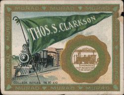 Thos. S. Clarkson College Pennant, Train, and Brotherhood of Locomotive Engineers Seal Cigarette Card