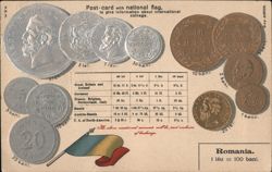 Romania: Coins and Flag Postcard