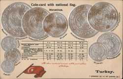 Coin-card with national flag of Turkey. Metallics. Postcard