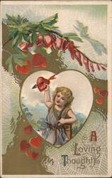 A Loving Thought - Cupid with Bow and Arrow, Embossed Valentine Postcard