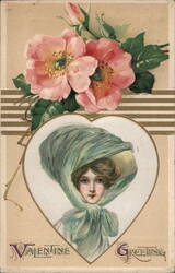 Valentine Greeting, Woman in Heart with Roses Postcard