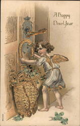 A Happy New Year - Cherub with Horseshoe and Clover Postcard