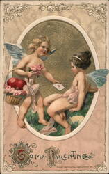 My Valentine - Cherubs Exchanging Valentine & Roses Postcard