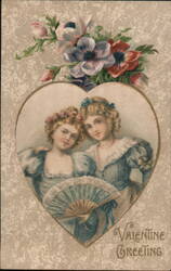 Valentine Greeting, Two Girls with Fan Postcard