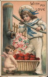 Boy in Sailor Suit with Cherub and Valentines Postcard