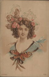 Young Woman with Butterfly and Flowers Postcard