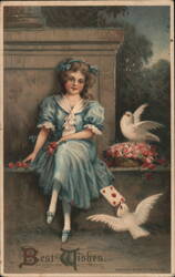 Girl in Blue Dress with Roses and Doves, Best Wishes Postcard