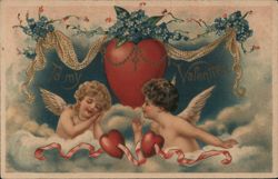 To My Valentine - Cherubs with Hearts and Flowers Postcard