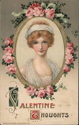 Valentine Thoughts - Young Woman with Roses Postcard