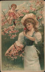 To My Sweetheart, Girl with Basket of Flowers, Cupid Postcard