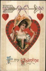 To My Valentine - Young Woman with Flowers and Hat in Heart Postcard