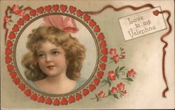 Love to my Valentine, Young Girl with Pink Bow Postcard