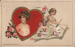 A Token of Love - Cupid, Woman, Heart, Roses Postcard