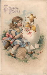 Joyeuses Pâques - Girl with Chicks and Easter Eggs Postcard