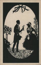 Victorian Era Couple Silhouette, Man Offering a Rose Postcard