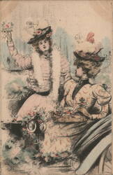 Two Women in a Carriage with Flowers Postcard