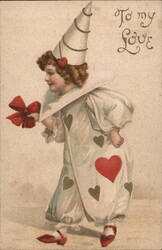 To My Love - Child Dressed as Clown with Hearts and Cone Hat Postcard