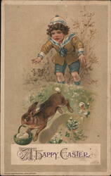 A Happy Easter - Crying Boy, Rabbit with Basket, Eggs Postcard