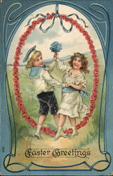 Easter Greetings - Children with Flowers and Rose Garland Postcard