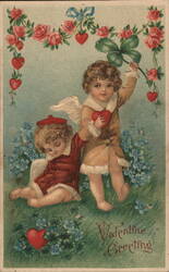 Valentine Greeting, Two Cherubs with Hearts and Clover Postcard