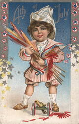 4th of July Boy with Fireworks and Toy Cannon Postcard