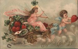 Cupid's Greeting - Fairy in Chariot with Cherub, Hearts, and Clovers Postcard