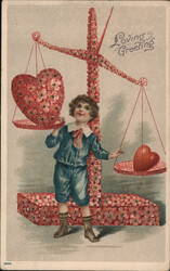 Boy with Scales of Hearts, Valentine Greeting Postcard