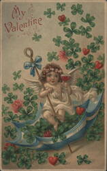 My Valentine - Cherub in a Clover-Covered Slipper with Wine Postcard