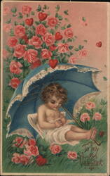 To My Valentine: Baby with Parasol and Roses Postcard