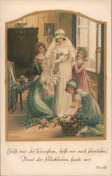 Bride and bridesmaids preparing for a wedding. Postcard