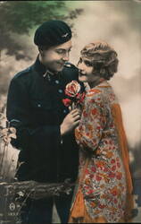 Soldier and Woman with Rose Postcard