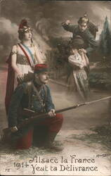 1914 Alsace, France - French Soldier Protecting Woman from German Soldier Postcard