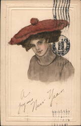 Woman with Red Hat - A Joyous New Year Postcard