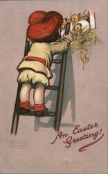 An Easter Greeting, Child Climbing Ladder to Chicks Postcard