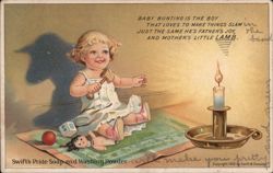 Baby Bunting with Doll and Mallet, Swift's Pride Soap Advertisement Postcard