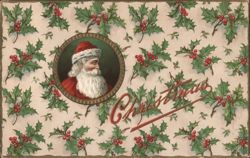 Santa Claus in Oval Frame with Holly Border Postcard