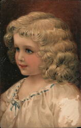 Blonde Child in White Dress with Blue Ribbon Postcard