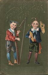 Fondest Greetings - Two Children Playing Musical Instruments Postcard