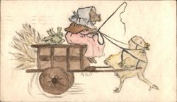 Mouse in Bonnet Driving Chick-Drawn Cart Postcard