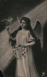 Angel Holding Dove and Floral Wreath Postcard