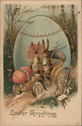 Easter Greetings - Bunnies in Antique Car Postcard