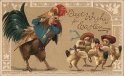 Rooster Playing Flute for Chicks - Easter Greetings Postcard